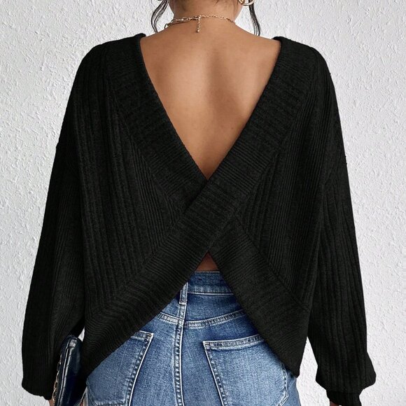 Black Casual Women's Criss-Cross Back T-Shirt - Picture 6 of 6